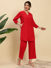 Red Cotton Flax Fabric Regular Fit V-Neck Co-Ord Set for Women